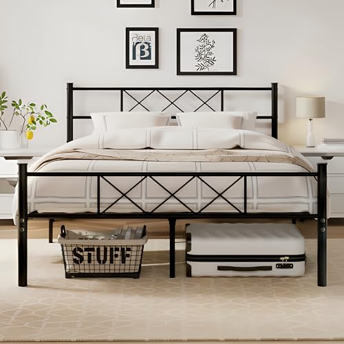 Full Size Bed Frame with Headboard, Heavy Duty Bedframe with Strong Metal Slats, No Box Spring Needed & Easy Assembly, Matte Black