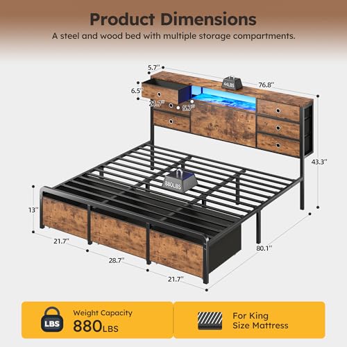 King Size Bed Frame with 9 Drawers and Charging Station,Brown | Storage Headboard Shef,LED Lights,Supports 880 lbs,Noise-Free,No Box Spring Needed,Easy Assembly