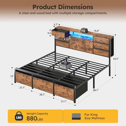 King Size Bed Frame with 9 Drawers and Charging Station,Brown | Storage Headboard Shef,LED Lights,Supports 880 lbs,Noise-Free,No Box Spring Needed,Easy Assembly