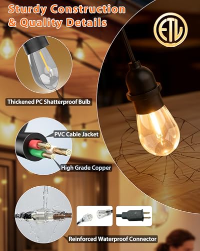 Outdoor String Lights With Lighted Tubing 24 ft, Commercial Grade String Lights with 13 (12+1spare) S14 Edison Bulbs & 72-LED Lighted Tubing, IP65 Waterproof Bistro Light for Patio, 2700K Warm White