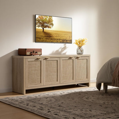 TV Stand for Living Room Boho Entertainment Center for Bedroom with 4 Rattan Cabinets Farmhouse Television Stands with Storage Large Media Console Table for Tvs up to 45 50 55 60 65 Inch