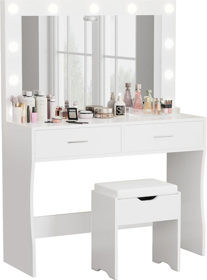 Vanity Desk Set with Large Lighted Mirror, 35.4 Inch Makeup Vanity Table with 2 Drawers, Cushioned Storage Stool, 3 Lighting Modes Brightness Adjustable, Dressing Table for Bedroom (White)