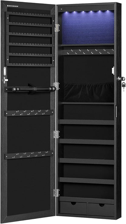 Lockable Mirrored Jewelry Armoire with 6 LEDs, Wall Mount, Black
