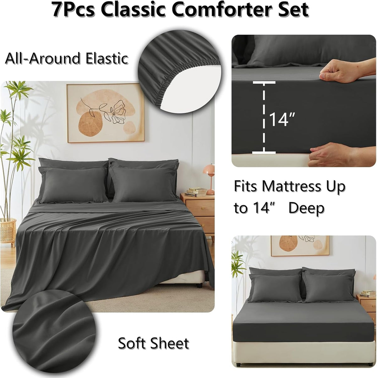 Queen Comforter Set Dark Grey - Bed in a Bag Queen Size 7 Pieces, Luxury Soft Bed Set for All Seasons, Bedding Set with down Alternative Comforter, Sheets, Pillowcases & Shams