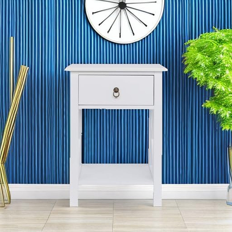 Farmhouse Nightstand Set of 2 with Drawer and Shelf, White