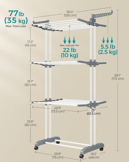 Clothes Drying Rack Stand 4-Tier, Foldable Laundry Drying Rack 68.1-Inch Tall, Steel, Rolling Clothes Horses Dryer Rack, Easy to Assemble, Indoor Outdoor Use, White ULLR701W01