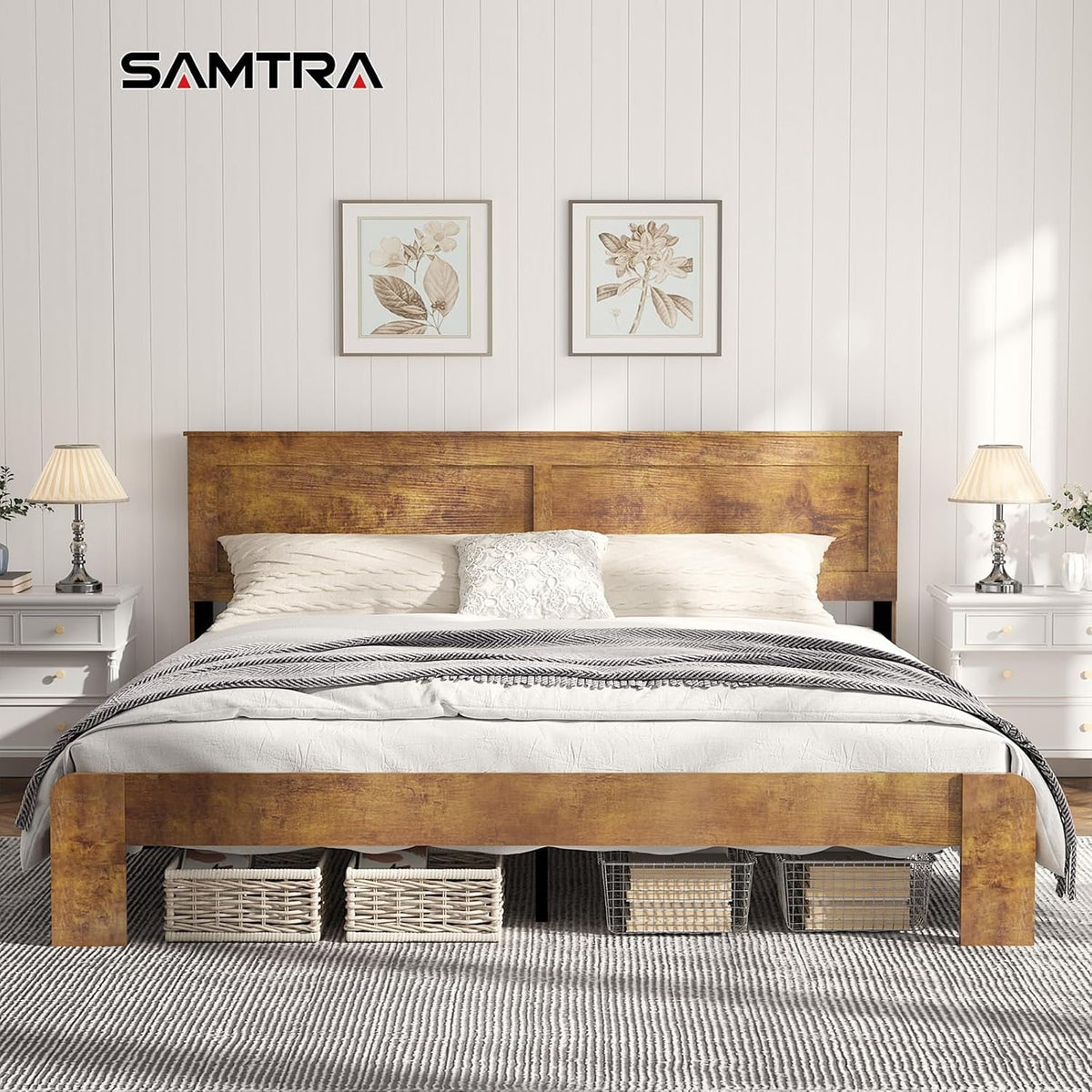Wooden Bed Frame King Size with Headboard, Farmhouse Platform Bedframe with Wood Slat Support, Sturdy Framework Bed Frame, Easy Assembly (Rustic Brown)