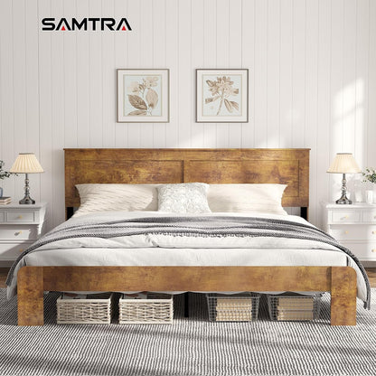 Wooden Bed Frame King Size with Headboard, Farmhouse Platform Bedframe with Wood Slat Support, Sturdy Framework Bed Frame, Easy Assembly (Rustic Brown)