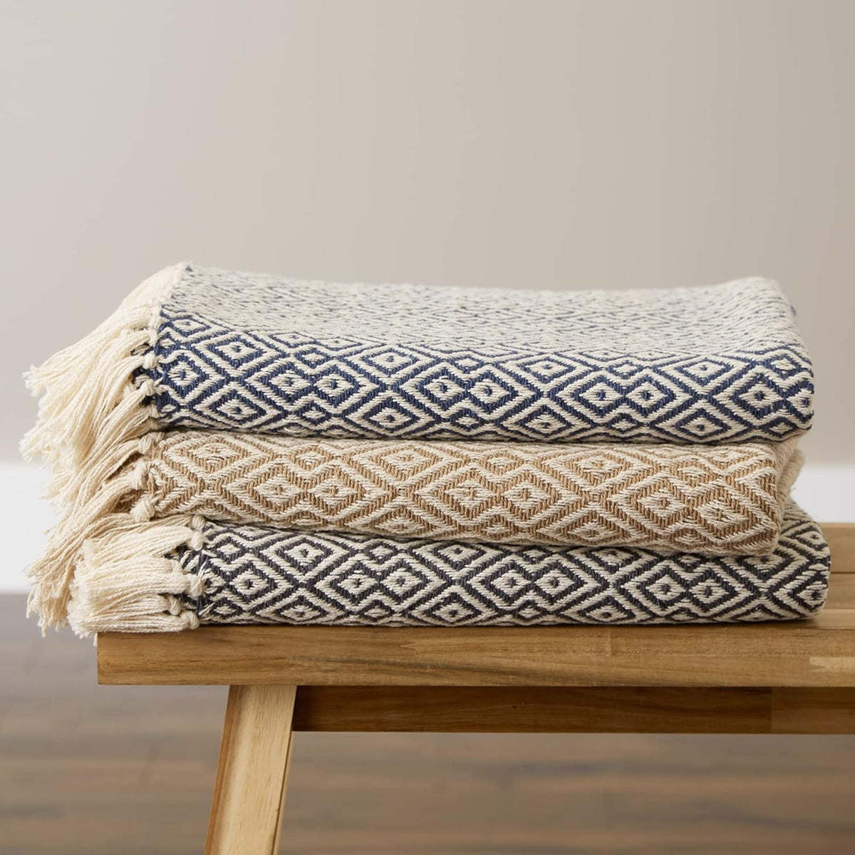 Rustic Farmhouse Double Diamond Woven Throw, 50X60, Stone