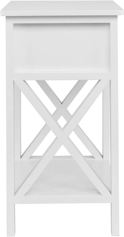 Farmhouse Nightstand Set of 2 with Drawer and Shelf, White