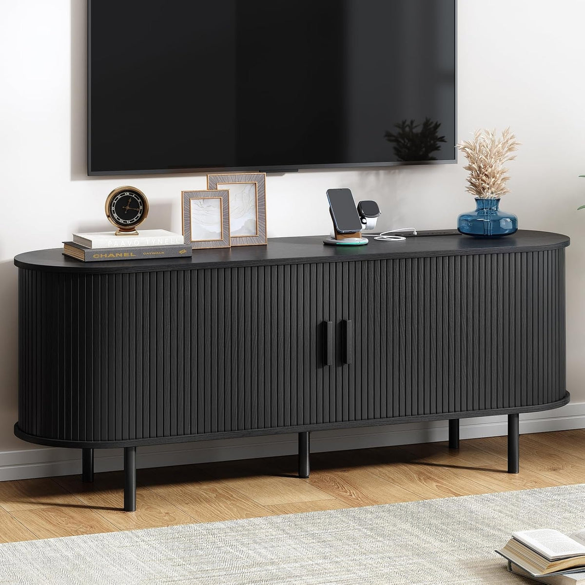 63" TV Stand with Power Outlet, Modern Media Console with Sliding Doors, Entertainment Center for Tvs up to 60 Inch, Adjustable Shelves, Black