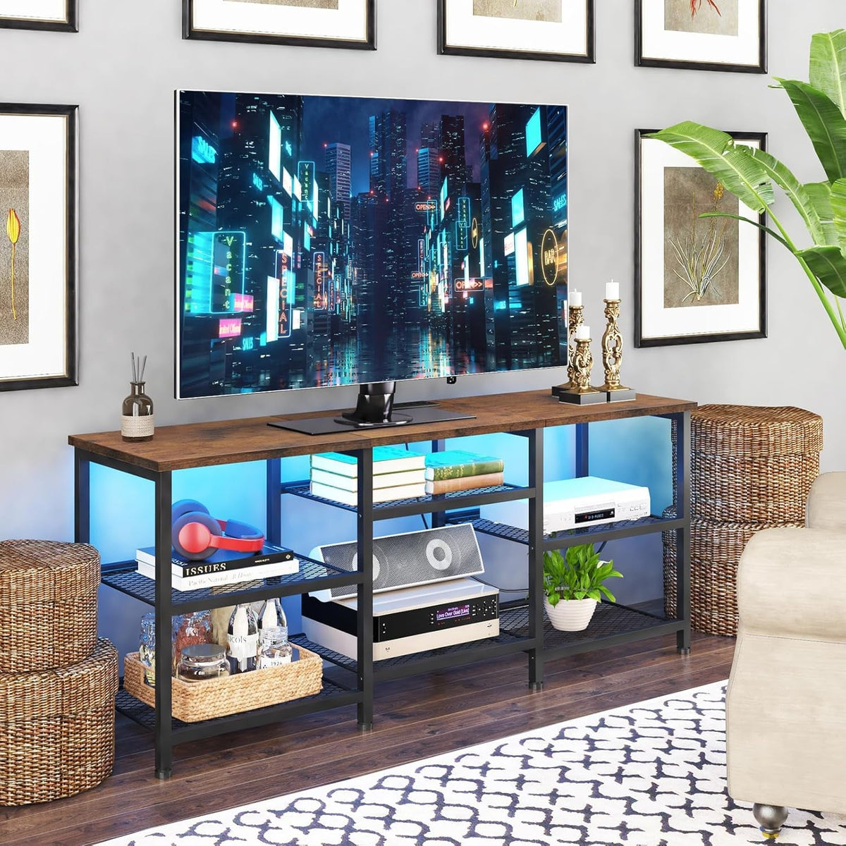 TV Stand for 55 Inch Tvs, Entertainment Center with Movable Shelf Panels, Power Outlet and LED Lights Open Storage Shelves, TV Media Console Table for Living Room and Bedroom, Rustic Brown