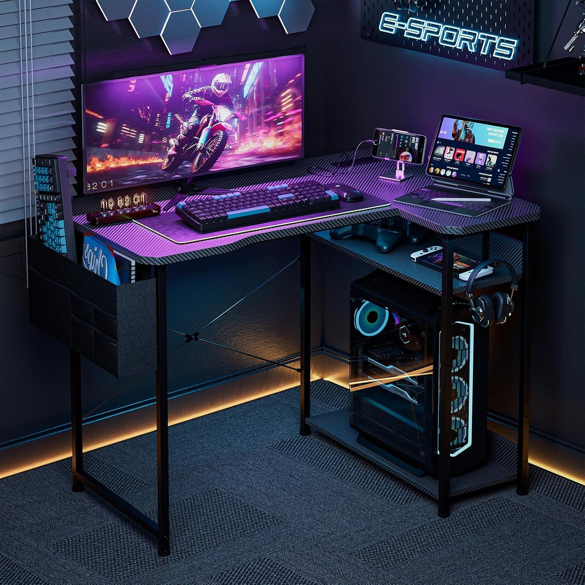 Small Gaming Desk with Power Outlets, 40 Inch L Shaped Desks with Reversible Shelves and Storage Bag,Computer Desk Corner Desk PC Desk for Gaming and Home Office Table,Black Carbon