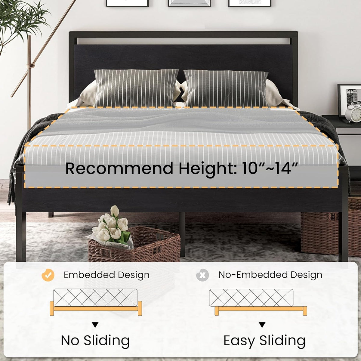 14 Inch Queen Size Metal Platform Bed Frame with Wooden Headboard and Footboard, Mattress Foundation, No Box Spring Needed, Large under Bed Storage, Non-Slip without Noise, Black Oak