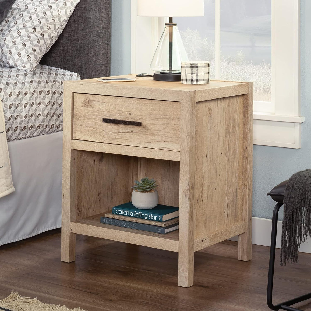 Pacific View Bedroom Night Stand, Spacious Storage, 1 Drawer Nightstand, Prime Oak Finish