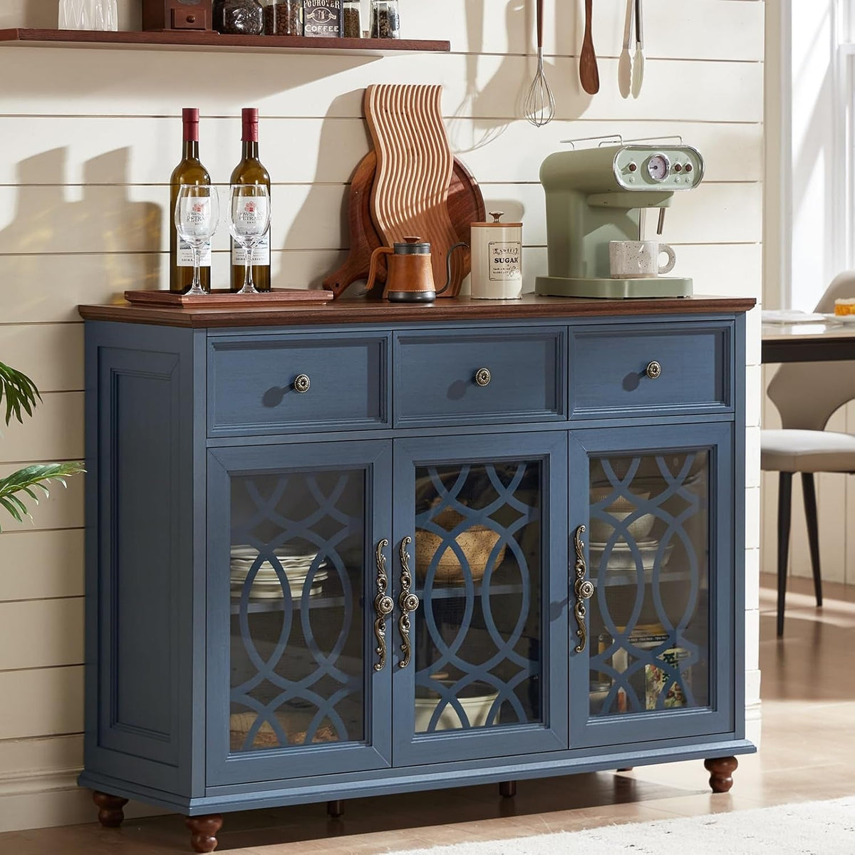 Farmhouse Sideboard Buffet Cabinet with Storage,48" Large Credenza with 3 Glass Doors & 3 Drawers,Adjustable Shelves Console Table,Wood Kitchen Coffee Bar for Dining Room,Living Room,Navy Blue