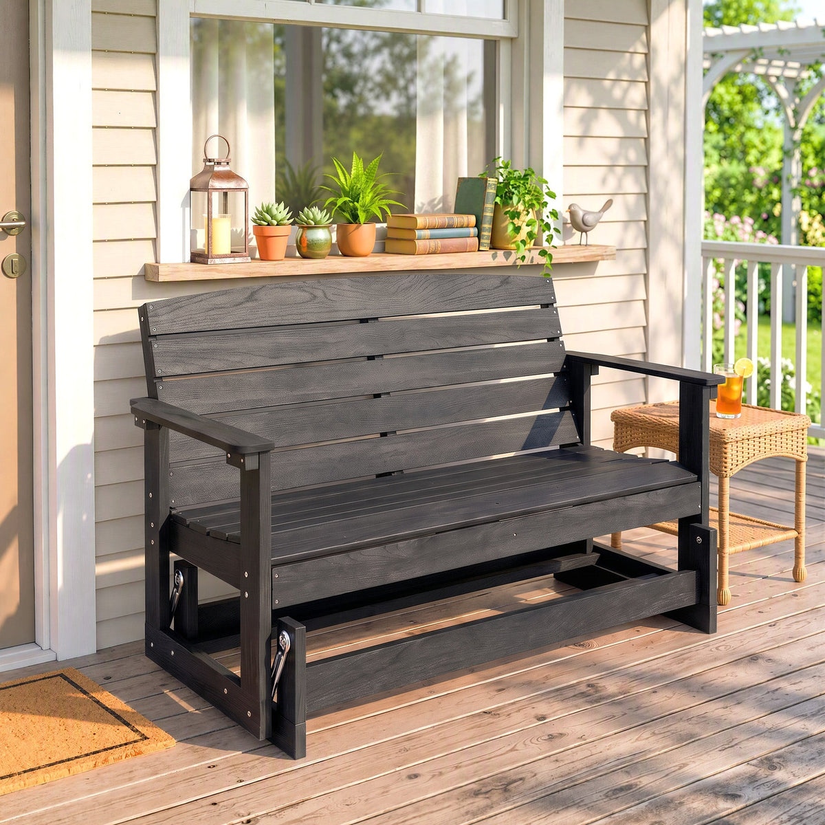 Patio Glider Bench w/ HDPE Slatted Double Rocking Chair, Distressed Black