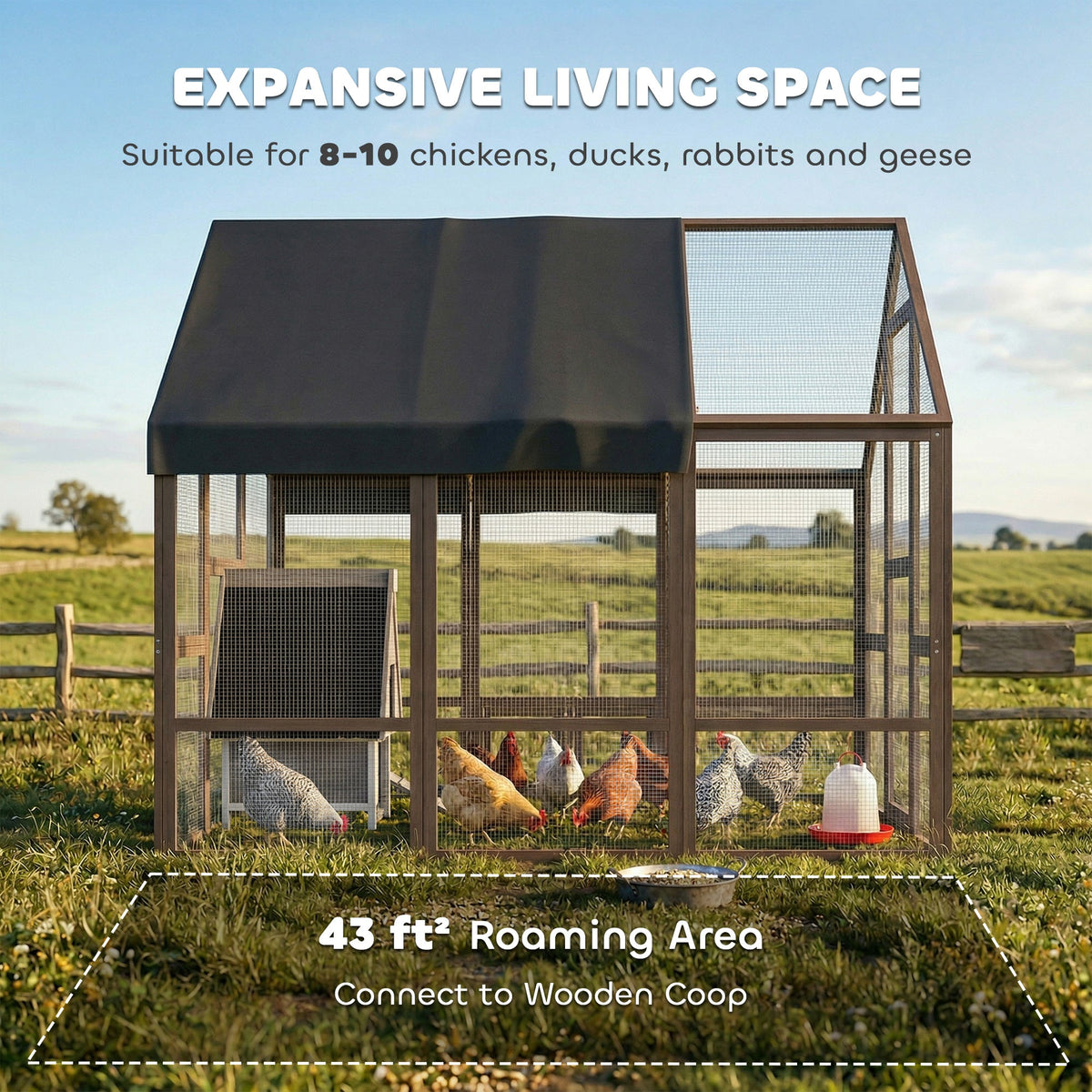 Large Wooden Chicken Coop for 8-10 Hens, Walk-in Chicken Run with Waterproof Cover, Nesting Boxes and Perches