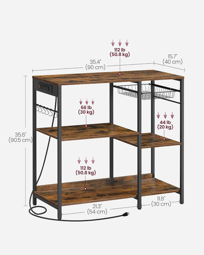 Baker'S Rack, Coffee Bar Stand with Charging Station, 35.6 Inches Tall, Storage Shelves, Pull-Out Wire Basket, Table for Microwave, Kitchen, Rustic Brown and Ink Black UKKS036K01