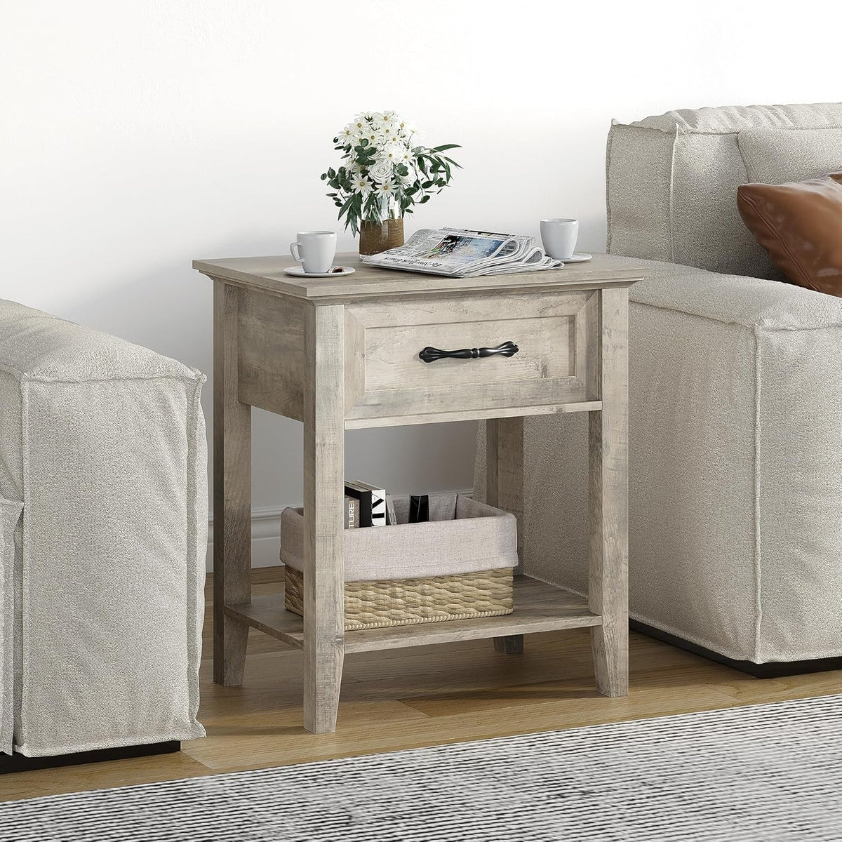 Grey Nightstands Set of 2, End Table with Drawer, Side Table for Spaces, 2 Tiers Storage Shelves with Dresser, Bedside Table for Living Room, Bedroom, Dorm (2Pcs-Grey)