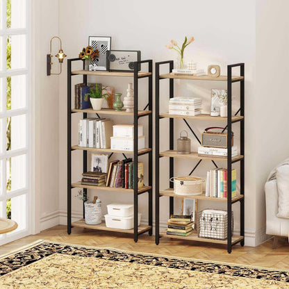 5 Tier Bookshelf, Industrial Wood and Metal Book Shelves for Display, Tall Etagere Bookcase and Rustic Shelving Unit (Rustic Oak)