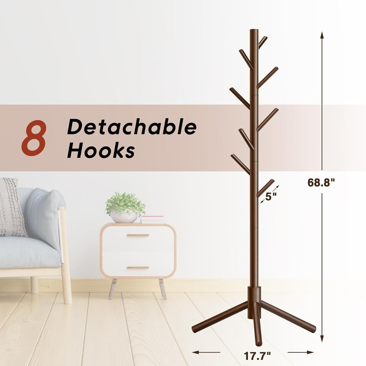 Wooden Coat Rack, Free Standing Coat Rack with 8 Hooks 3 Adjustable Heights for Clothes, Hats, Handbags, Coat Tree Easy Assembly for Entryway, Bedroom, Hallway, Office (New Brown)