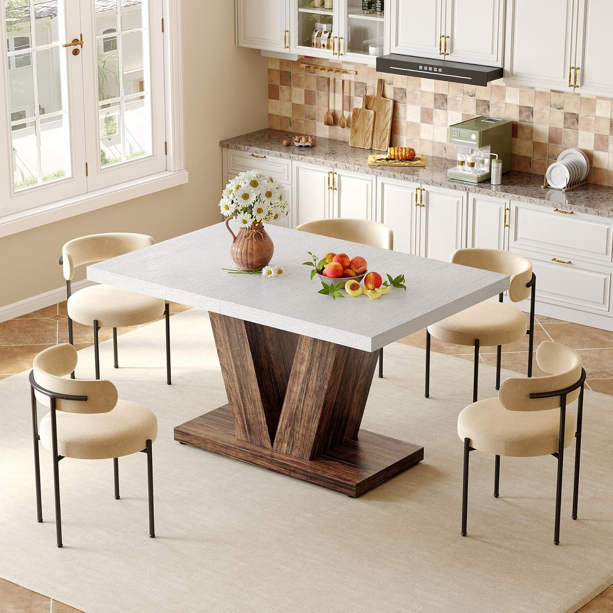 47 Inches Dining Table for 4, Modern Dining Room Tables, Rectangle Kitchen Table with V-Shaped Pedestal, Wooden Dinner Table for Dining Room, Living Room (Rustic Brown & Carbon Black)