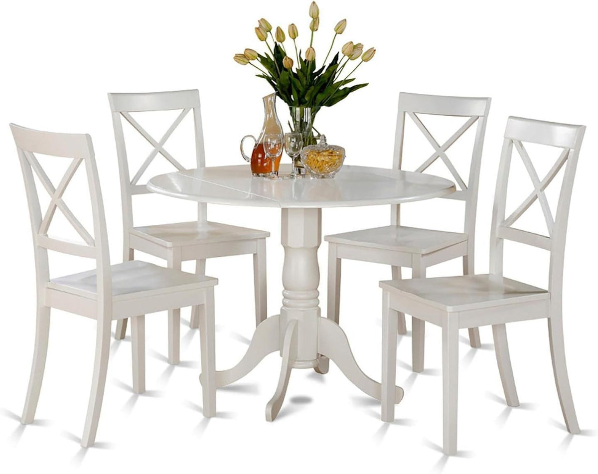 DLBO5-WHI-W 5 Piece Kitchen Table Set for 4 Includes a round Dining Room Table with Dropleaf and 4 Solid Wood Seat Chairs, 42X42 Inch, Linen White