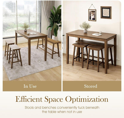 Dining Table Set for 4, Counter Height Table and Chairs, Kitchen Table Set with Bench and 2 Chairs, Small Breakfast Bar Dining Set, Rustic Caramel