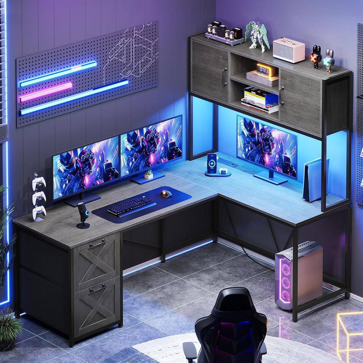 L Shaped Gaming Desk, Reversible Computer Desk with Fabric Drawers and Power Outlet, Gaming Desk with Led Lights, Hutch and Storage Shelf for Home Office, Grey