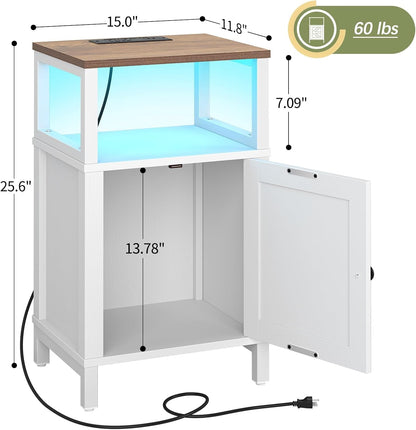 Farmhouse Nightstand with Charging Station, Wood Night Stand End with USB Ports, LED Bed Side Table with Storage Cabinet, Bedside Table for Bedroom, Living Room White