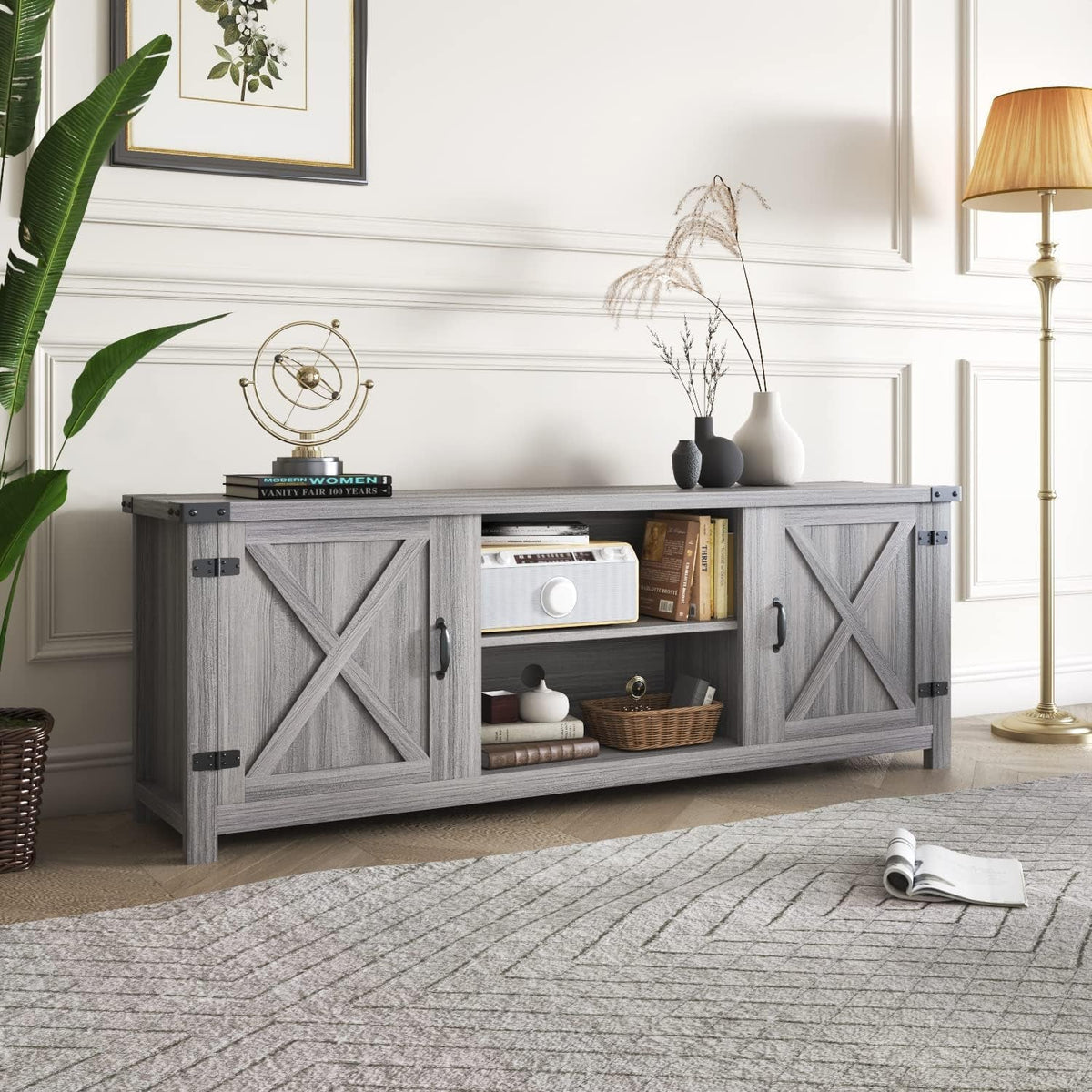 Modern Farmhouse TV Stand with Two Barn Doors and Storage Cabinets for Televisions up to 65+ Inch, Entertainment Center Console Table, Media Furniture for Living Room, 58 Inch, Gray Wash