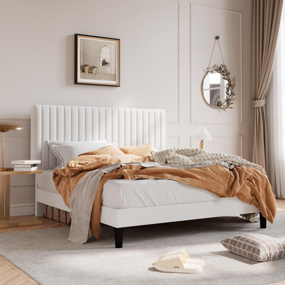 Queen Velvet Platform Bed, Channel Tufted Adjustable Headboard, White
