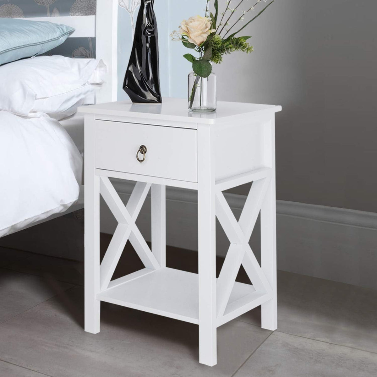 Farmhouse Nightstand Set of 2 with Drawer and Shelf, White