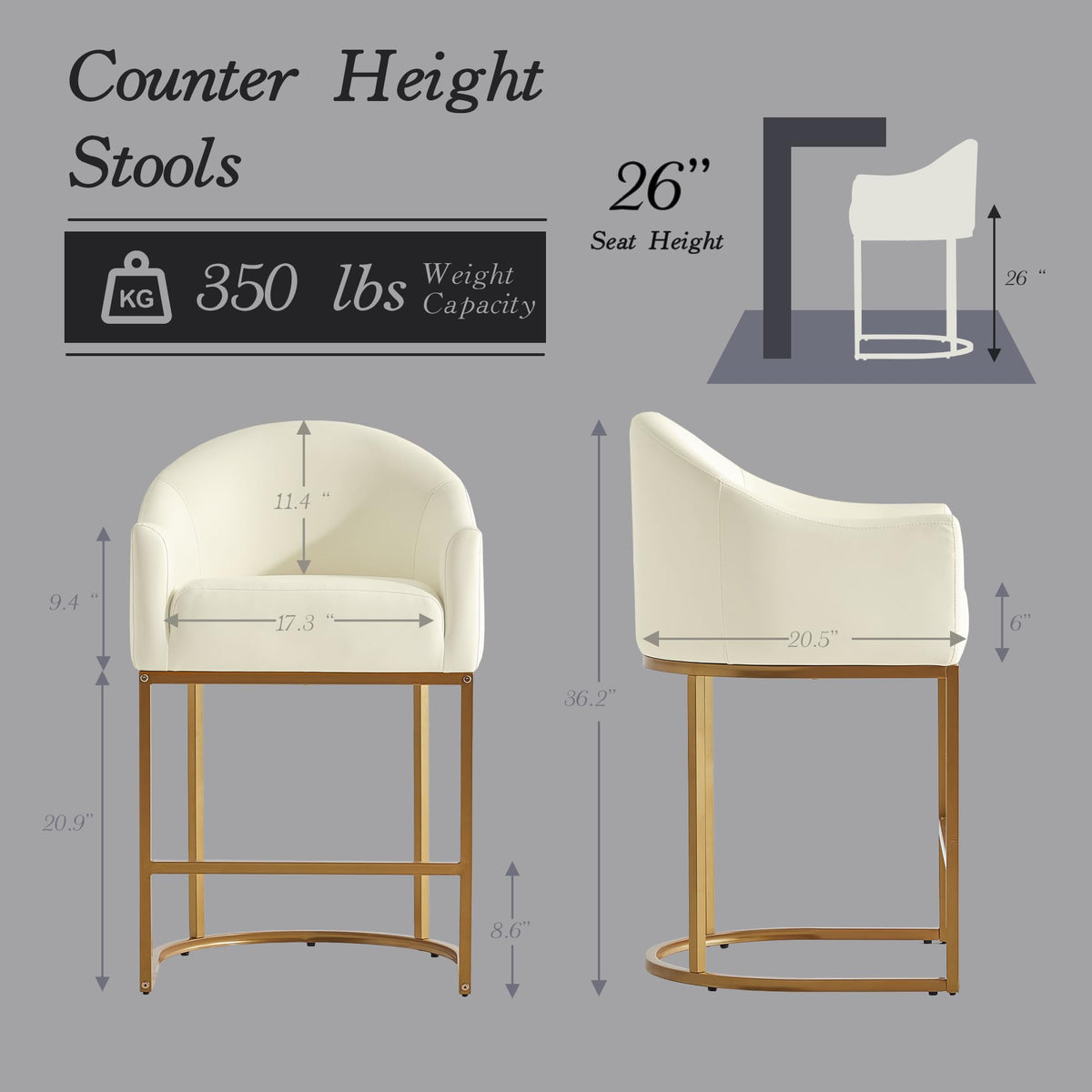 Counter Height Bar Stools Set of 2,Modern Counter Height Bar Stools,PU Leather Upholstered Barrel Barstools with Backs,26'' Kitchen Island Chairs,Metal Gold Frames,Beige White Leather