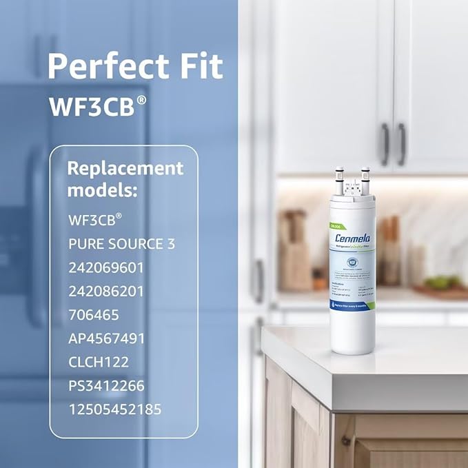 WF3CB Replacement Water Filter, Compatible with Frigidaire WF3CB, Pure Source 3, 706465, 242069601, 242086201, 242017800, WF425, Height 9 inches, Pack of 3