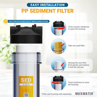 Max Water 5 Micron 20 x 2.5 Sediment Water Filter Cartridge Replacement Polypropylene Cartridge for Whole House Water Filtration/Water Softener Systems - 6 Pack