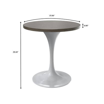 Mid-Century Modern 27 Inch Round Dining Table, MDF Wood Tabletop with White Steel Pedestal Base, Contemporary Kitchen & Dining Room Table, Small Space Breakfast Table, Dark Maple