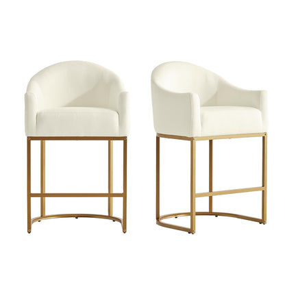 Counter Height Bar Stools Set of 2,Modern Counter Height Bar Stools,Fabric Upholstered Barrel Barstools with Backs,26'' Kitchen Island Chairs,Metal Gold Frames,Off White Linen