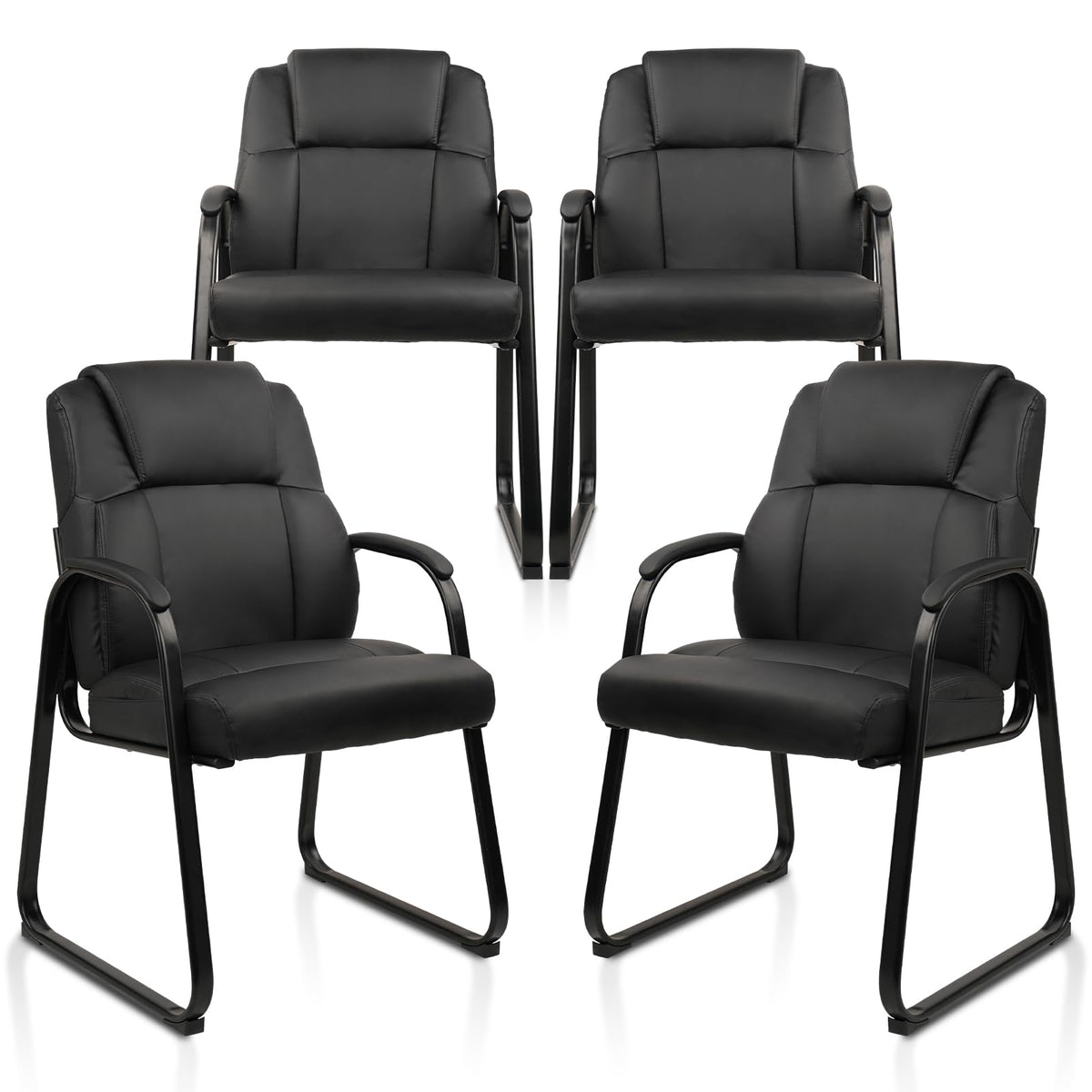 4 Pack, Leather Guest Chair with Padded Arm Rest for Reception Meeting Conference and Waiting Room Side Office Home Black with Sled Base