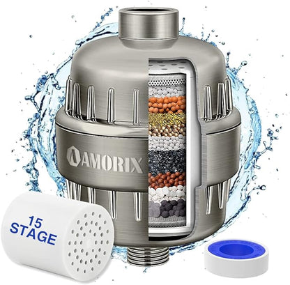 Shower Filter 15 Stages Shower Head Filter for Hard Water High Output Shower Filter Reduces Dry Skin, Itchy Scalp - Improves Skin Condition (Brushed Nickel)