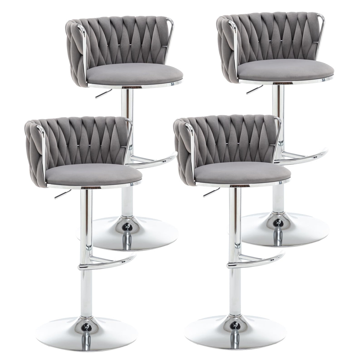 Velvet Bar Stools Set of 4, Swivel Counter Height Bar Stools with Back, Adjustable Woven Barstools for Kitchen Island, Pub, Club (Grey)