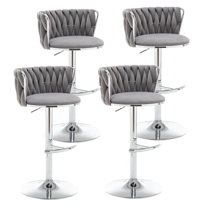 Velvet Bar Stools Set of 4, Swivel Counter Height Bar Stools with Back, Adjustable Woven Barstools for Kitchen Island, Pub, Club (Grey)