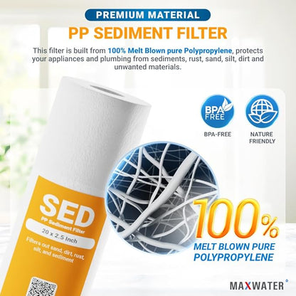 Max Water 5 Micron 20 x 2.5 Sediment Water Filter Cartridge Replacement Polypropylene Cartridge for Whole House Water Filtration/Water Softener Systems - 6 Pack