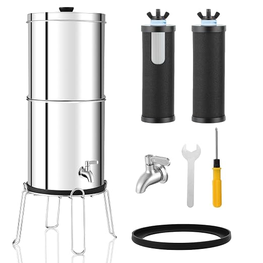2.25G Ultra-Filtration Gravity Water Filter System，304 Stainless Steel Countertop System with 2 Carbon Filters and Stand ，NSF/ANSI 42 Certification，Reduce 99.9% Chlorine