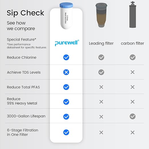 Purewell PFAS-Free 6-Stage Gravity Water Filter System with PC Water Level Window, Certified to Reduce Lead, Total PFAS (Forever Chemicals), Mercury, and Chlorine, SF-2.25G