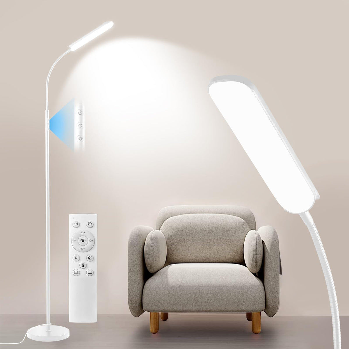 Dimmable LED Floor Lamp, Super Bright Reading Lamps Floor Standing Lamp with Remote & Touch Control, Stepless Dimming & 2700K-6500K Color Temperature, for Living Room Bedroom Office, White