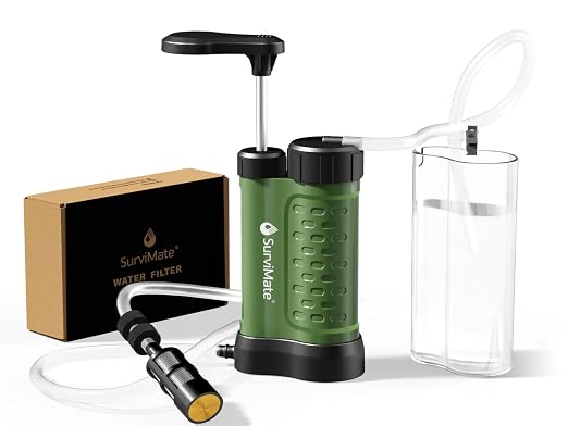 SurviMate Water Purifier Survival Pump，0.01 Micron 5-Stage Water Purifier System，Hand Pump Water Filter Portable Outdoor Emergency，Camping, Hiking, Backpacking