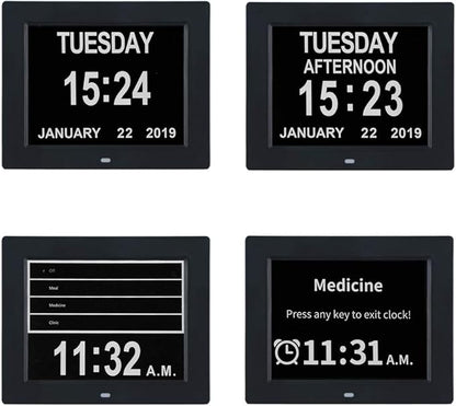 TMC 8 Inch Dementia Clock for Seniors – Large Auto-Dimming Calendar Display with Date & Time, Multi-Language Support, Medicine Reminders & Alarms – Wall or Desk Mount, Integrated Stand (Black, SD)