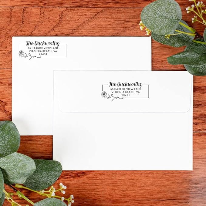 Custom Floral Address Stamp | Choose from 12 Designs | Multiple Ink Color Options | Envelope Return Address Stamp for Couple or Family (Design 8, Medium)